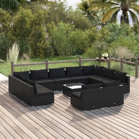 Set mobilier de gradina cu perne, 12 piese, negru, poliratan Negru, 2x colt + 9x mijloc + masa, 1