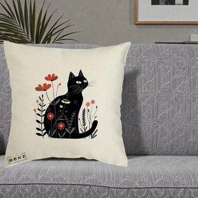 Perna Decorativa Pisica Neagra Flori Rosii Folk, 40x40 cm, Ecru, Husa Detasabila, Perna Inclusa, BEKZ®