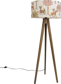 Lampă de podea din lemn cu abajur multicolor și cu imprimeu animalier 50cm - Tripod Classic
