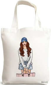 Sacosa de Panza pentru Cumparaturi, Geanta Tote Travel Girl 5, 38x34.5 cm, Alba, BEKZ®