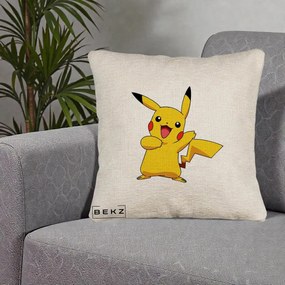 Perna Personalizata Pikachu Fericit, 40x40 cm, Bej Canapea, Husa Detasabila, Perna Inclusa, BEKZ®