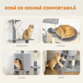 PawHut Ansamblu de joacă pentru pisici cu căsuță, stâlp de ascuțit gheare, platforme și 4 șoricei, 50x35x134.2 cm, gri | Aosom Romania