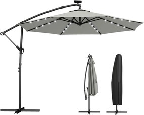 Outsunny Umbrelă cu braț lateral LED Solar aprox. Ø300 cm Rotativă Umbrelă de soare cu manivelă Suport Husă de protecție Gri deschis | Aosom Romania