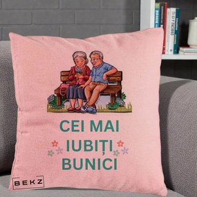 Cadou pentru Bunici - Perna Personalizata Cei Mai Iubiti Bunici Cuplu pe Banca Ilustratie, 40x40 cm, Roz, Husa Detasabila, Perna Inclusa, BEKZ®