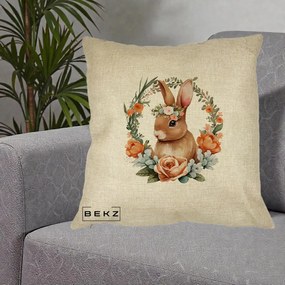 Perna Decorativa Iepuras Floral Coronita Acuarela, 40x40 cm, Crem, Husa Detasabila, Perna Inclusa, BEKZ®