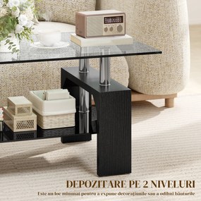 HOMCOM Măsuță de Cafea Modernă cu 2 Nivele din Lemn și Oțel cu Blat din Sticlă Temperată, 90x50x42 cm, Negru | Aosom Romania