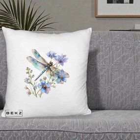 Perna Decorativa Libelula Acuarela Flori Albastre, 40x40 cm, Alb Pufos, Husa Detasabila, Perna Inclusa, BEKZ®
