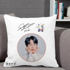Perna Personalizata K-pop BTS Jin Portret cu Autograf, 40x40 cm, Alba Mata, Husa Detasabila, Perna Inclusa, BEKZ®