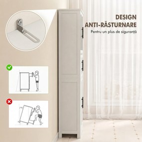 HOMCOM Dulap înalt de baie slim, 170 cm, cu 6 rafturi, uși din sticlă și rafturi reglabile, pentru living sau bucătărie, stil modern, 60x30x170 cm, alb | Aosom Romania