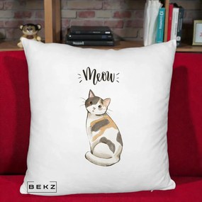 Perna Personalizata Pisica Meow Acuarela, 40x40 cm, Alb Pufos, Husa Detasabila, Perna Inclusa, BEKZ®