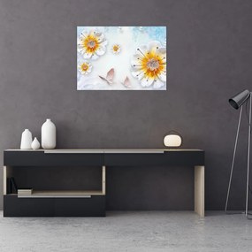 Tablou pe sticlă - Copoziția flori și fluturi (70x50 cm)