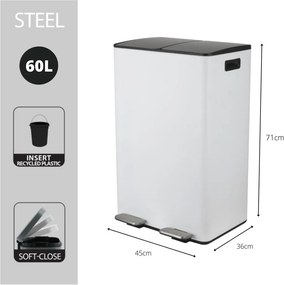 Coș de gunoi alb mat pentru reciclare/cu pedală 2x30 l din oțel Aliya – Spirella
