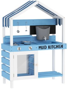 Bucătărie de exterior AIYAPLAY pentru copii cu acoperiș de soare, set de ustensile de bucătărie, lemn masiv, albastru | Aosom Romania