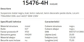 Lustra suspendata design modern HAGAR negru 15476-4H GL