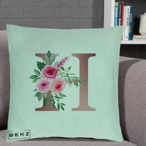 Cadou Personalizat - Perna Personalizata Monograma Rose Gold Litera H, 40x40 cm, Verde Menta, Husa Detasabila, Perna Inclusa, BEKZ®