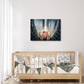 Tablou pe sticlă unei construcții cu steagul SUA (70x50 cm)