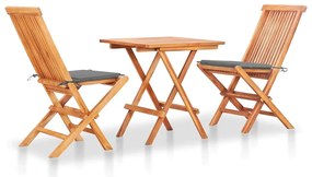 vidaXL Set mobilier de bistro cu perne gri, 3 piese, lemn masiv de tec