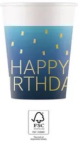 La mulți ani Golden Blue Pahar de hârtie Happy Birthday, 8 buc, 200 ml, FSC