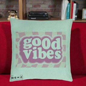Perna Decorativa Good Vibes Retro Roz, 40x40 cm, Verde Menta, Husa Detasabila, Perna Inclusa, BEKZ®