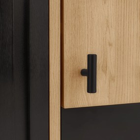 Dulap auxiliar cu vitrină, iluminare LED și sticlă, 80x40x120 cm, Culoare naturală+Negru