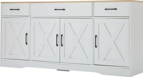 Bufet modern în design scandinav-industrial, cu 3 sertare și 4 uși, 160x37x75 cm, Alb