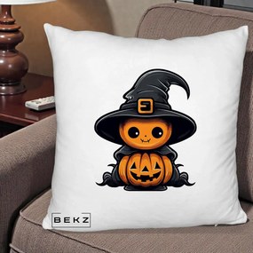 Perna Decorativa Halloween Dovleac Vrajitor Kawaii, 40x40 cm, Alb Pufos, Husa Detasabila, Perna Inclusa, BEKZ®