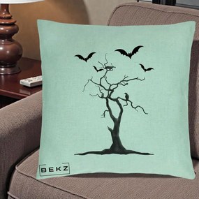 Perna Decorativa Halloween Copac cu Lilieci Alb-Negru, 40x40 cm, Verde Menta, Husa Detasabila, Perna Inclusa, BEKZ®