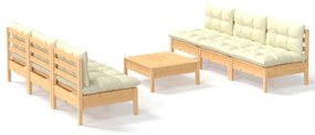 Set mobilier gradina cu perne crem, 7 piese, lemn masiv de pin maro si crem, 1