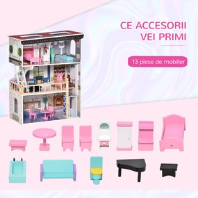 Casa din Lemn pentru Papusi cu 3 Etaje cu Ascensor, cu Scari si 13 Accesorii pentru Copii de 3-6 Ani, 60x30x80cm, Roz HOMCOM | Aosom RO