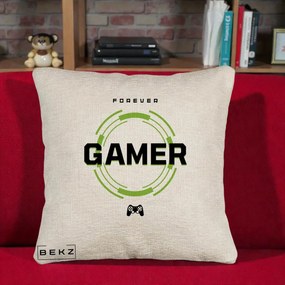 Perna Personalizata Forever Gamer, 40x40 cm, Bej Canapea, Husa Detasabila, Perna Inclusa, BEKZ®