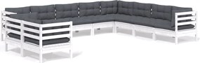 vidaXL Set mobilier grădină cu perne, 10 piese, alb, lemn masiv de pin