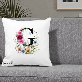 Cadou Personalizat - Perna Personalizata Monogram Litera G cu Flori Acuarela, 40x40 cm, Alba Mata, Husa Detasabila, Perna Inclusa, BEKZ®