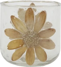 Suport lumânare din sticlă transparentă, lucrat manual, cu flori uscate, 8x8 cm, „Fleurette"
