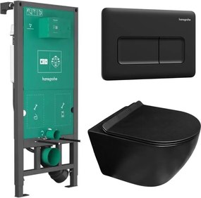 Set rezervor WC cu cadru incastrat Hansgrohe iFrame 112 cm si clapeta de actionare iFrame Original Q negru mat plus vas WC Rune Ivaldi Grande cu capac softclose