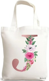Sacosa de Panza pentru Cumparaturi, Geanta Tote, Cu litera J Rose Gold si Trandafiri, 38x34.5 cm, Alba, BEKZ®