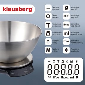 Cantar de bucatarie cu bol Klausberg KB 7939, 5 Kg, Bluetooth, Aplicatie mobila, LED, Tare, Lichide, 4 valori nutritive, Inox