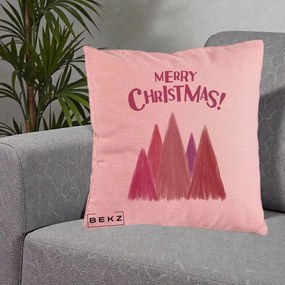 Perna Decorativa Merry Christmas Brazi Roz, 40x40 cm, Roz, Husa Detasabila, Perna Inclusa, BEKZ®