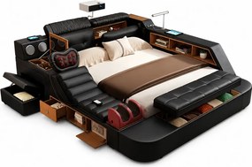MOBLUX77 Premium 180x200 cm Black Right Chaise – Pat Inteligent Premium cu Proiector, Vibromasaj, Boxe Bluetooth, Încărcare Wireless și Spații Multiple de Depozitare
