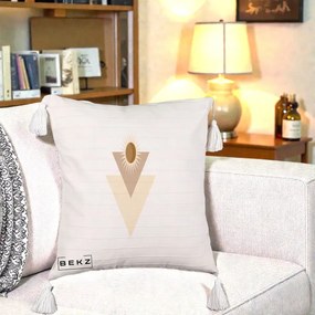 Perna Decorativa Boho Sun cu Triunghiuri Bej si Oval Solar, 40x40 cm, Bej cu Franjuri, Husa Detasabila, Perna Inclusa, BEKZ®