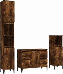 vidaXL Set mobilier de baie, 3 piese, stejar fumuriu, lemn prelucrat