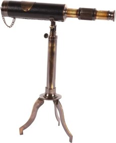 Telescop decorativ cu trepied din alamă și piele, negru și auriu, cu lentile reale și capac pe lanț, aspect vintage, finisaj antichizat, 35 x 25 x 14