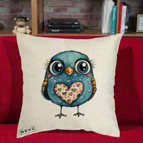 Perna Decorativa Bufnita Albastra cu Inimioare, 40x40 cm, Ecru, Husa Detasabila, Perna Inclusa, BEKZ®