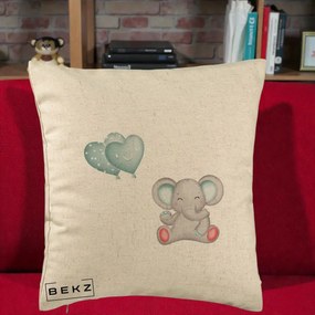 Perna Decorativa, Model Elefant si baloane in forma de inimioare, 40x40 cm, Bej, Husa Detasabila, Perna Inclusa, BEKZ®