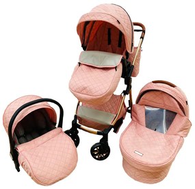 Carucior 3 in 1 cu landou, scoica si geanta, 0-36 luni, Roz - CPC-11-roz