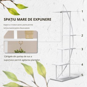 Outsunny Suport pentru Plante cu 5 Niveluri în Formă de Jumătate de Lună pentru Ghivece Decor Interior și Exterior 50x30x160 cm Alb | Aosom Romania