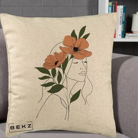 Perna Decorativa Portret Feminin Doua Maci Terracotta, 40x40 cm, Bej, Husa Detasabila, Perna Inclusa, BEKZ®