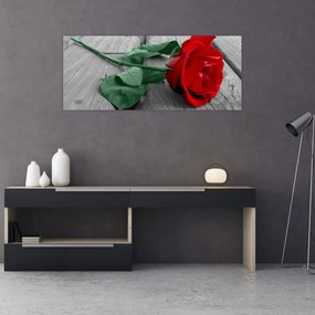 Tablou - Trandafir roșu cu tulpină verde (120x50 cm)