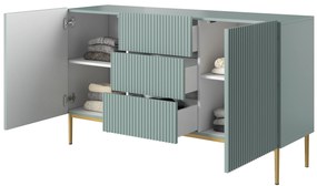 Comodă Nicole 150 cm cu trei sertare - MDF salvie / picioare aurii
