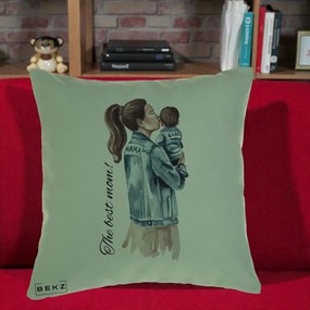 Cadou pentru Mama - Perna Personalizata The Best Mom Jachete, 40x40 cm, Verde, Husa Detasabila, Perna Inclusa, BEKZ®