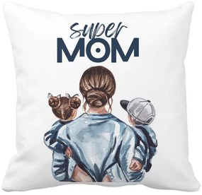 Perna Decorativa Patrata Super Mom, 40x40 cm, Alba, Mata, Husa Detasabila, Burduf